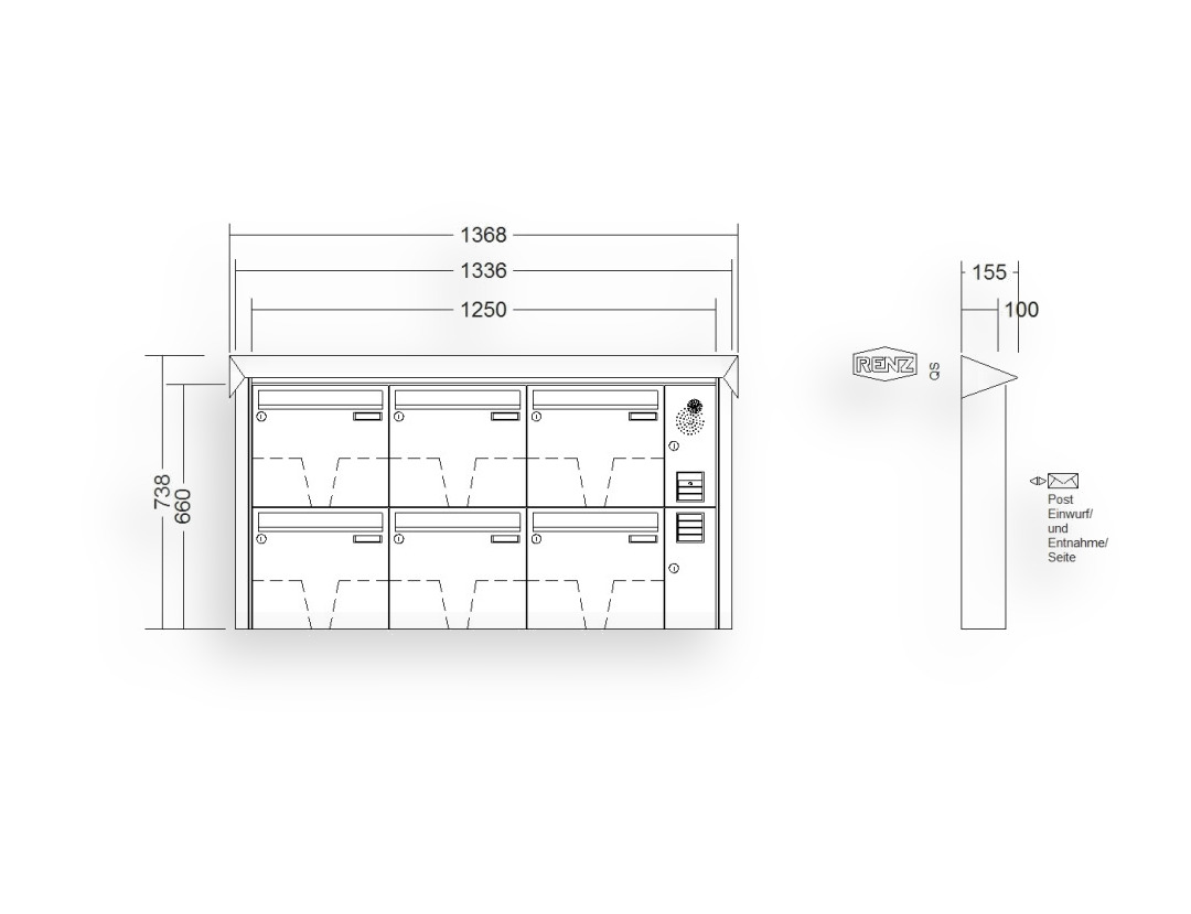 RENZ Briefkastenanlage Aufputz · 6-teilig Installationskasten rechts 370 × 330 × 100 mm Prisma lackiert RENZ Briefkastenanlage Aufputz · 6-teilig Installationskasten rechts 370 × 330 × 100 mm Prisma lackiert
