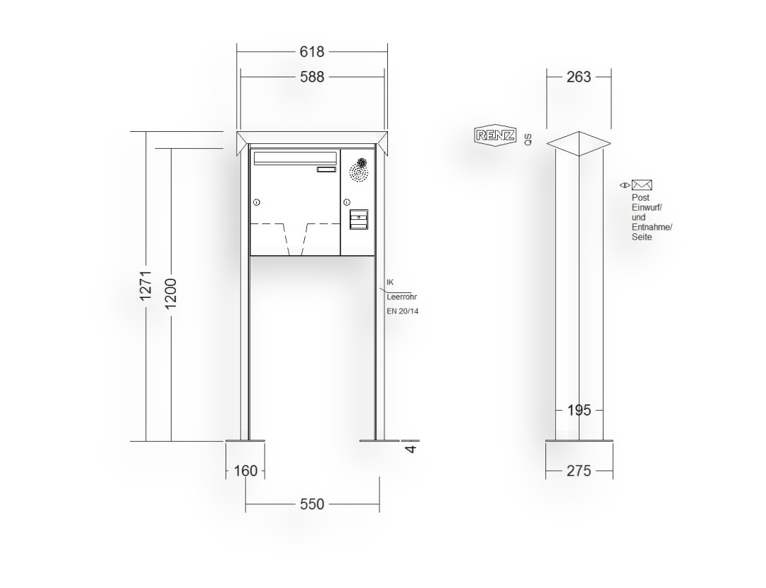 RENZ Briefkastenanlage freistehend · 1-teilig Installationskasten rechts 370 × 440 × 145 mm Prisma lackiert mit Fuß RENZ Briefkastenanlage freistehend · 1-teilig Installationskasten rechts 370 × 440 × 145 mm Prisma lackiert mit Fuß