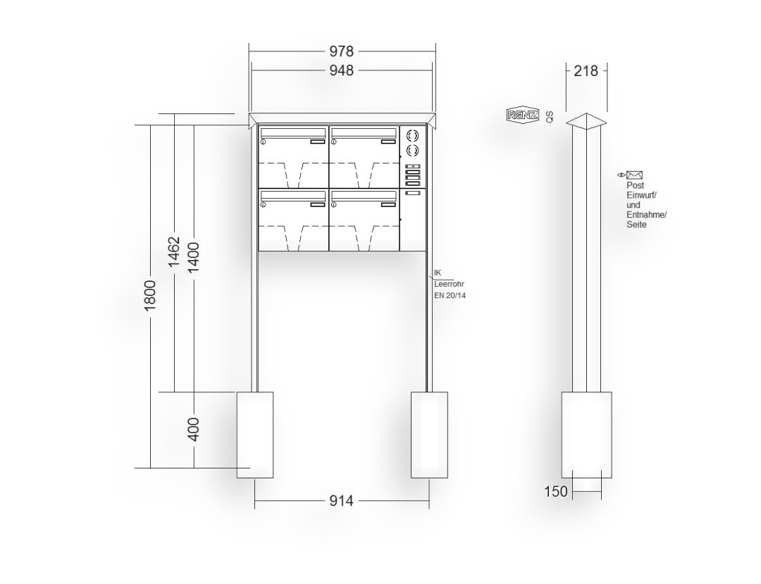 RENZ Briefkastenanlage freistehend · 4-teilig Installationskasten rechts 370 × 330 × 100 mm Edelstahl Prisma RENZ Briefkastenanlage freistehend · 4-teilig Installationskasten rechts 370 × 330 × 100 mm Edelstahl Prisma