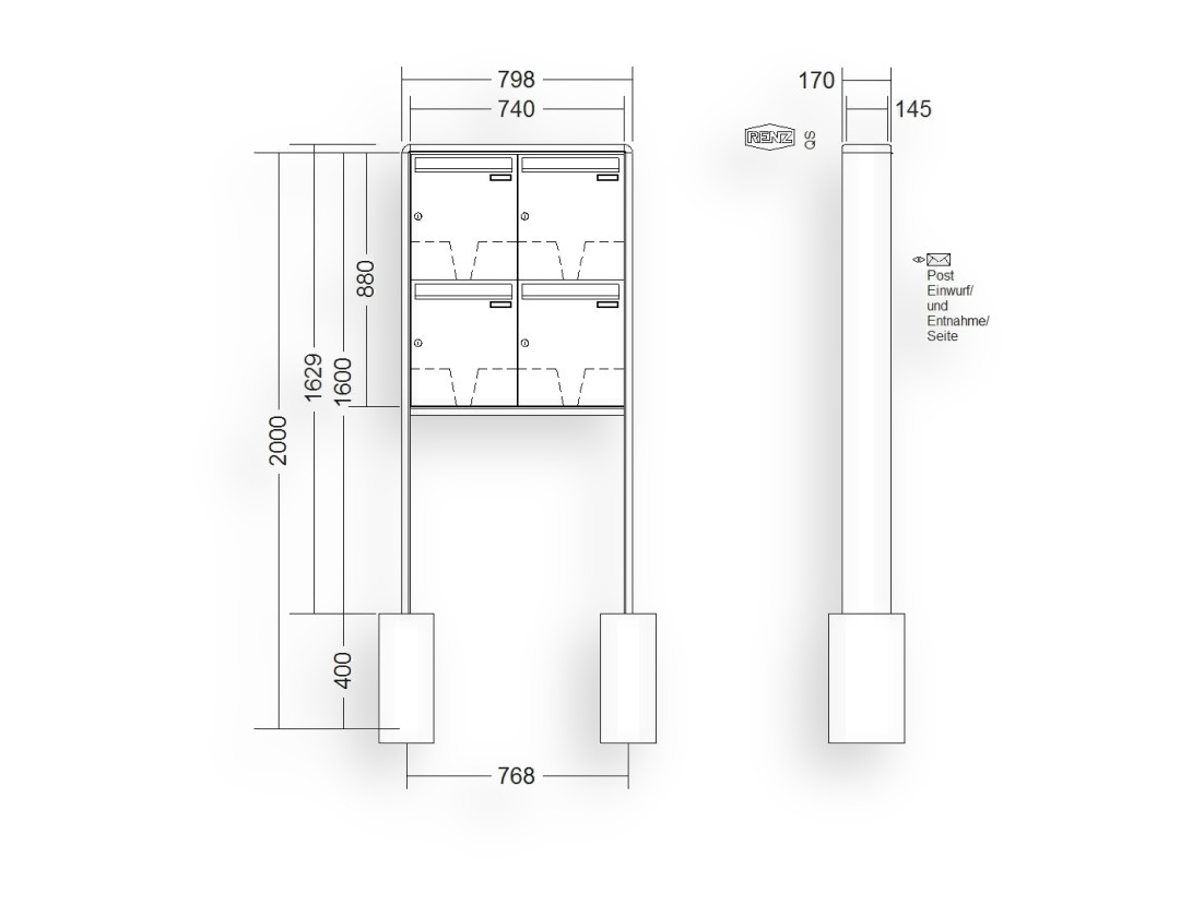 RENZ Briefkastenanlage freistehend · 4-teilig 370 × 440 × 145 mm RS 2000 lackiert RENZ Briefkastenanlage freistehend · 4-teilig 370 × 440 × 145 mm RS 2000 lackiert