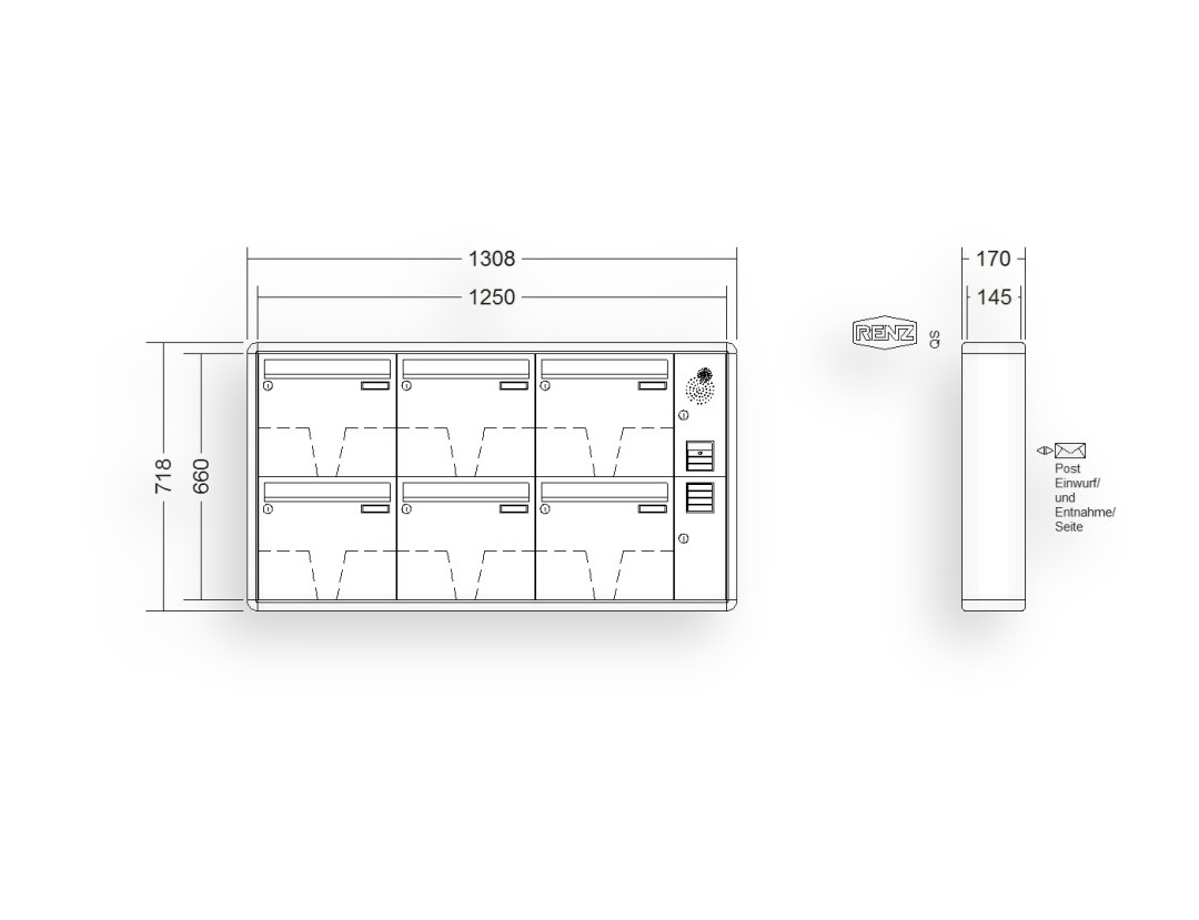 RENZ Briefkastenanlage Aufputz · 6-teilig Installationskasten rechts 370 × 330 × 145 mm RS 2000 lackiert RENZ Briefkastenanlage Aufputz · 6-teilig Installationskasten rechts 370 × 330 × 145 mm RS 2000 lackiert