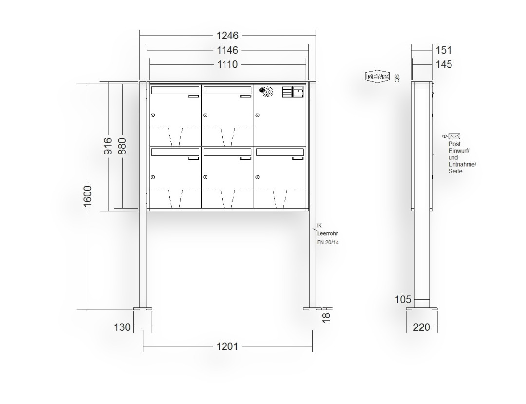 RENZ Briefkastenanlage freistehend · 5-teilig Installationskasten rechts 370 × 440 × 145 mm QUADRA lackiert mit Fuß RENZ Briefkastenanlage freistehend · 5-teilig Installationskasten rechts 370 × 440 × 145 mm QUADRA lackiert mit Fuß
