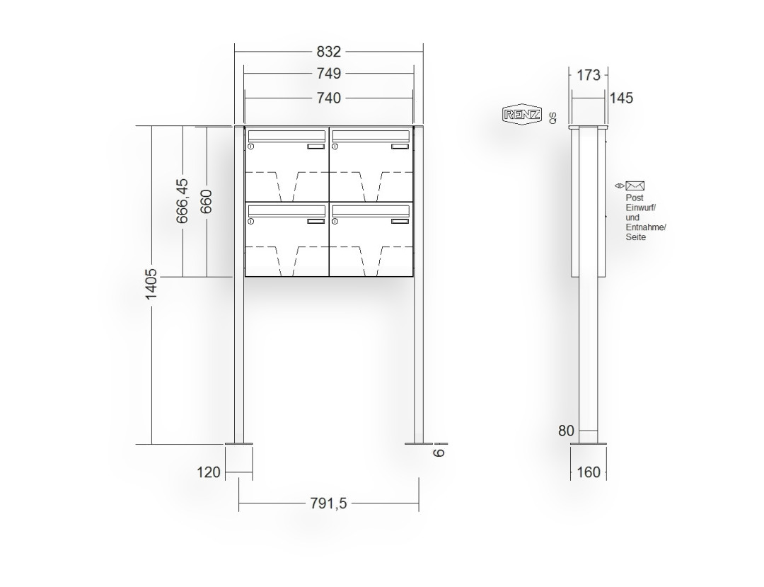 RENZ Briefkastenanlage freistehend · BASIC (B) · 4-teilig 370 × 330 × 145 mm FS. Typ B Edel. mit Fußplatte RENZ Briefkastenanlage freistehend · BASIC (B) · 4-teilig 370 × 330 × 145 mm FS. Typ B Edel. mit Fußplatte