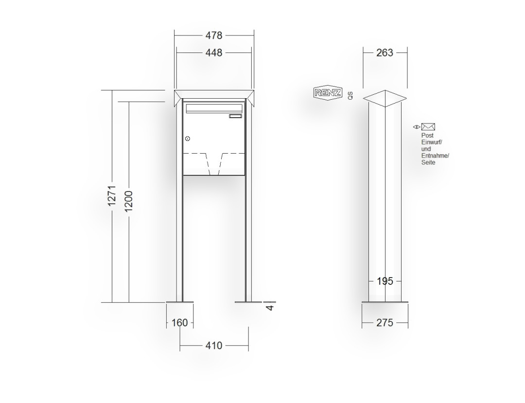 RENZ Briefkastenanlage freistehend · 1-teilig 370 × 440 × 145 mm Edelstahl Prisma mit Fuß RENZ Briefkastenanlage freistehend · 1-teilig 370 × 440 × 145 mm Edelstahl Prisma mit Fuß
