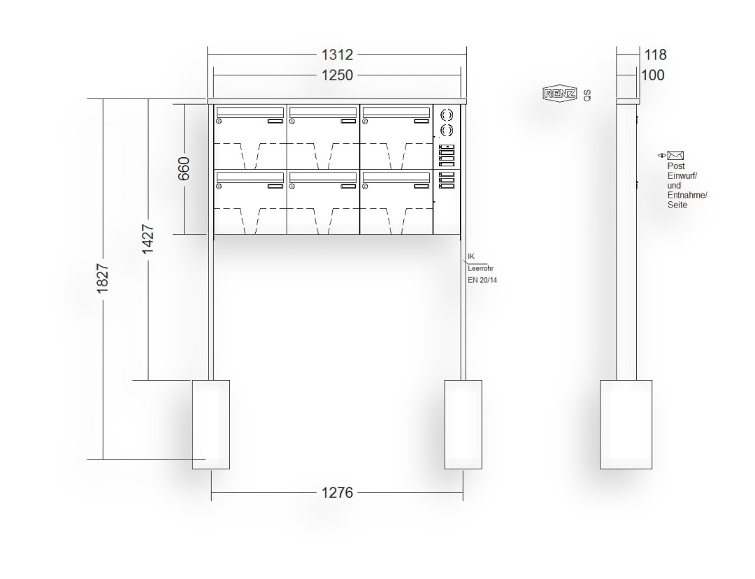 RENZ Briefkastenanlage freistehend · 6-teilig Installationskasten rechts 370 × 330 × 100 mm Edelstahl Tetro RENZ Briefkastenanlage freistehend · 6-teilig Installationskasten rechts 370 × 330 × 100 mm Edelstahl Tetro