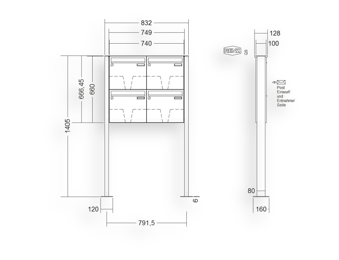 RENZ Briefkastenanlage freistehend · BASIC (B) · 4-teilig 370 × 330 × 100 mm FS. Typ B Edel. mit Fußplatte RENZ Briefkastenanlage freistehend · BASIC (B) · 4-teilig 370 × 330 × 100 mm FS. Typ B Edel. mit Fußplatte