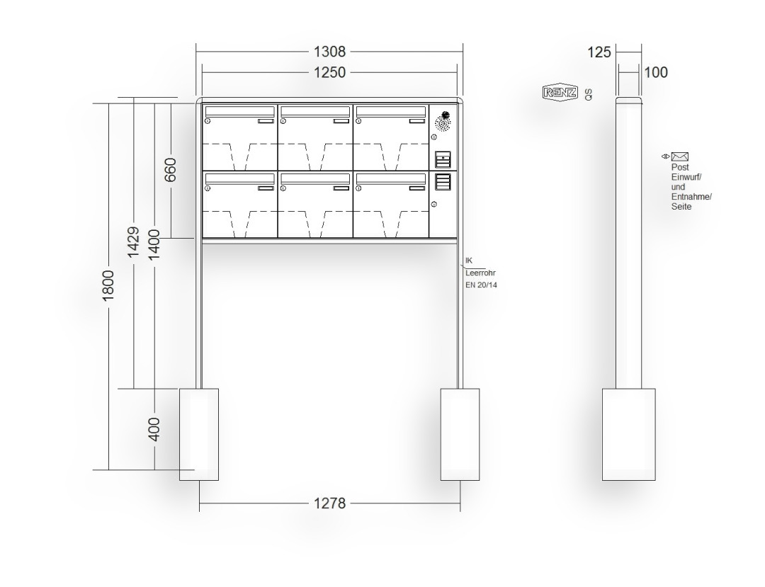 RENZ Briefkastenanlage freistehend · 6-teilig Installationskasten rechts 370 × 330 × 100 mm RS 2000 lackiert RENZ Briefkastenanlage freistehend · 6-teilig Installationskasten rechts 370 × 330 × 100 mm RS 2000 lackiert
