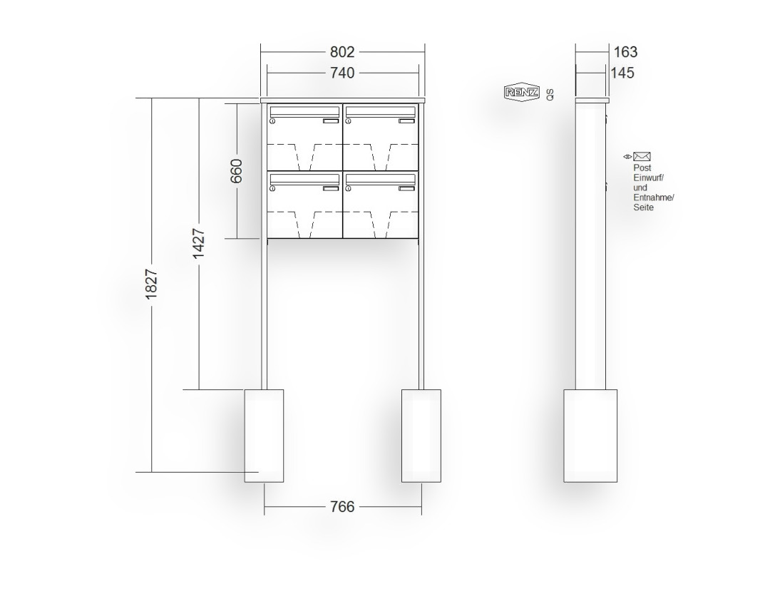 RENZ Briefkastenanlage freistehend · 4-teilig 370 × 330 × 145 mm Tetro lackiert RENZ Briefkastenanlage freistehend · 4-teilig 370 × 330 × 145 mm Tetro lackiert