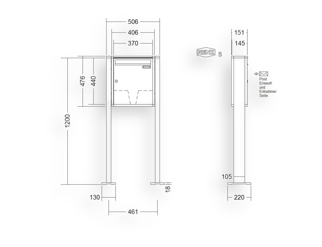 RENZ Briefkastenanlage freistehend · 1-teilig 370 × 440 × 145 mm QUADRA lackiert mit Fuß RENZ Briefkastenanlage freistehend · 1-teilig 370 × 440 × 145 mm QUADRA lackiert mit Fuß