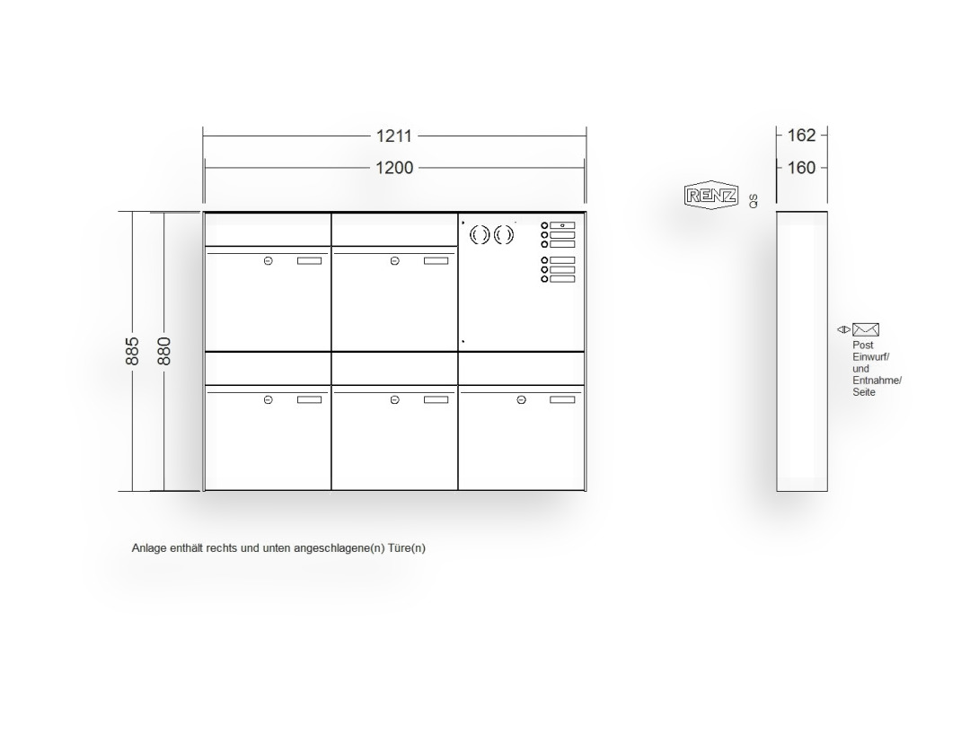 RENZ Briefkastenanlage Aufputz · 5-teilig RENZ PLAN 400 × 440 × 160 mm AP Installationskasten rechts Edel