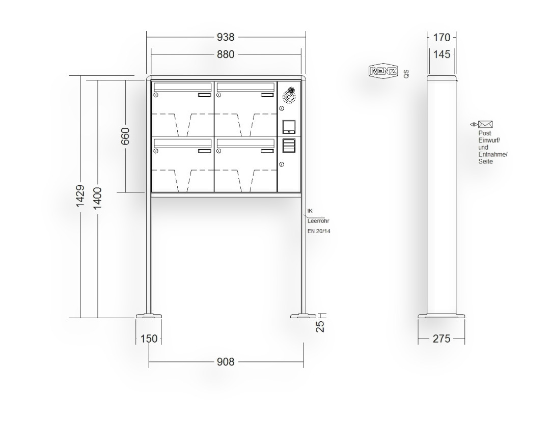 RENZ Briefkastenanlage freistehend · 4-teilig Installationskasten rechts 370 × 330 × 145 mm RS 2000 lackiert mit Fuß RENZ Briefkastenanlage freistehend · 4-teilig Installationskasten rechts 370 × 330 × 145 mm RS 2000 lackiert mit F