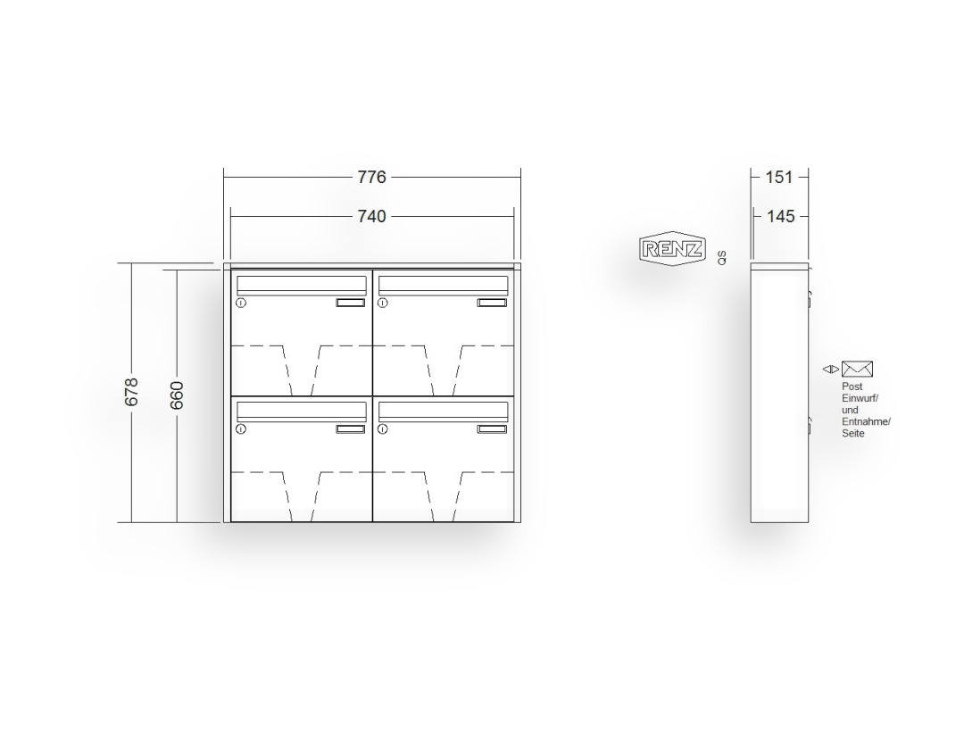 RENZ Briefkastenanlage Aufputz · 4-teilig 370 × 330 × 145 mm QUADRA lackiert RENZ Briefkastenanlage Aufputz · 4-teilig 370 × 330 × 145 mm QUADRA lackiert