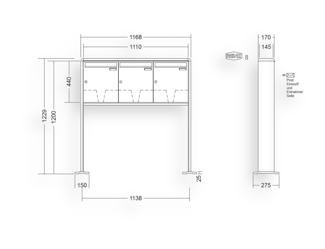 RENZ Briefkastenanlage freistehend · 3-teilig 370 × 440 × 145 mm RS 2000 lackiert mit Fußplatten RENZ Briefkastenanlage freistehend · 3-teilig 370 × 440 × 145 mm RS 2000 lackiert mit Fußplatten