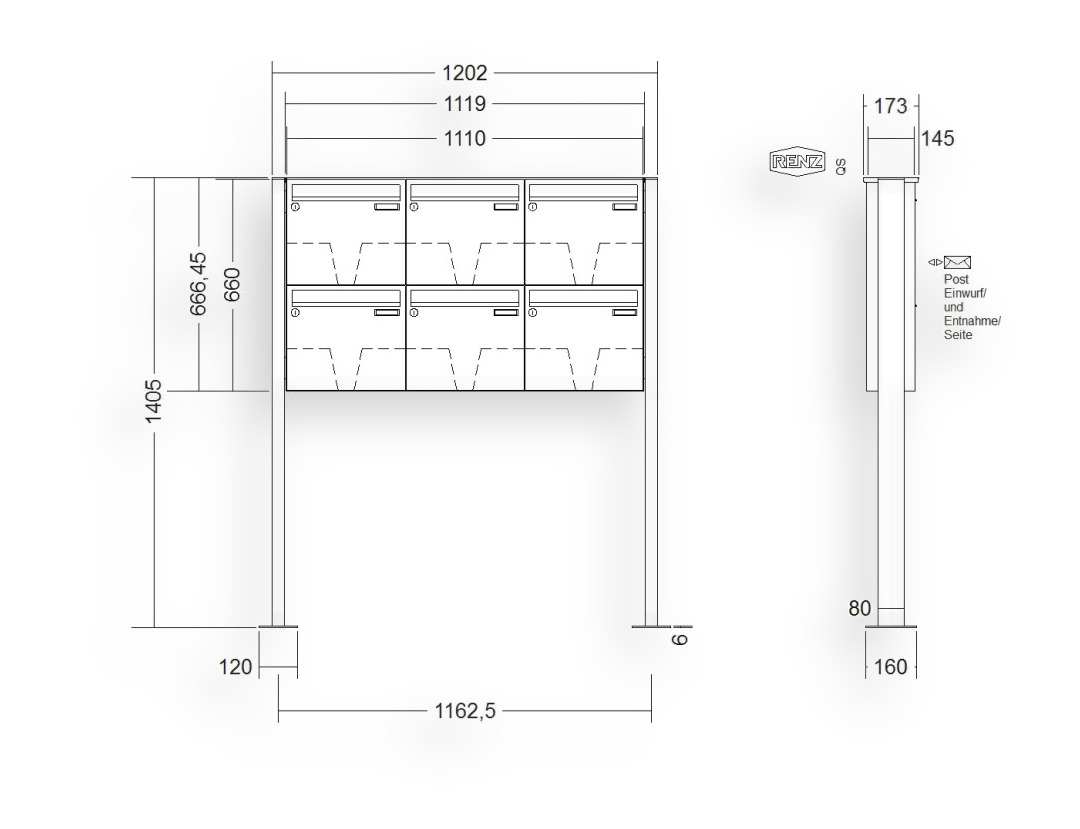 RENZ Briefkastenanlage freistehend · BASIC (B) · 6-teilig 370 × 330 × 145 mm FS. Typ B Edel. mit Fußplatte