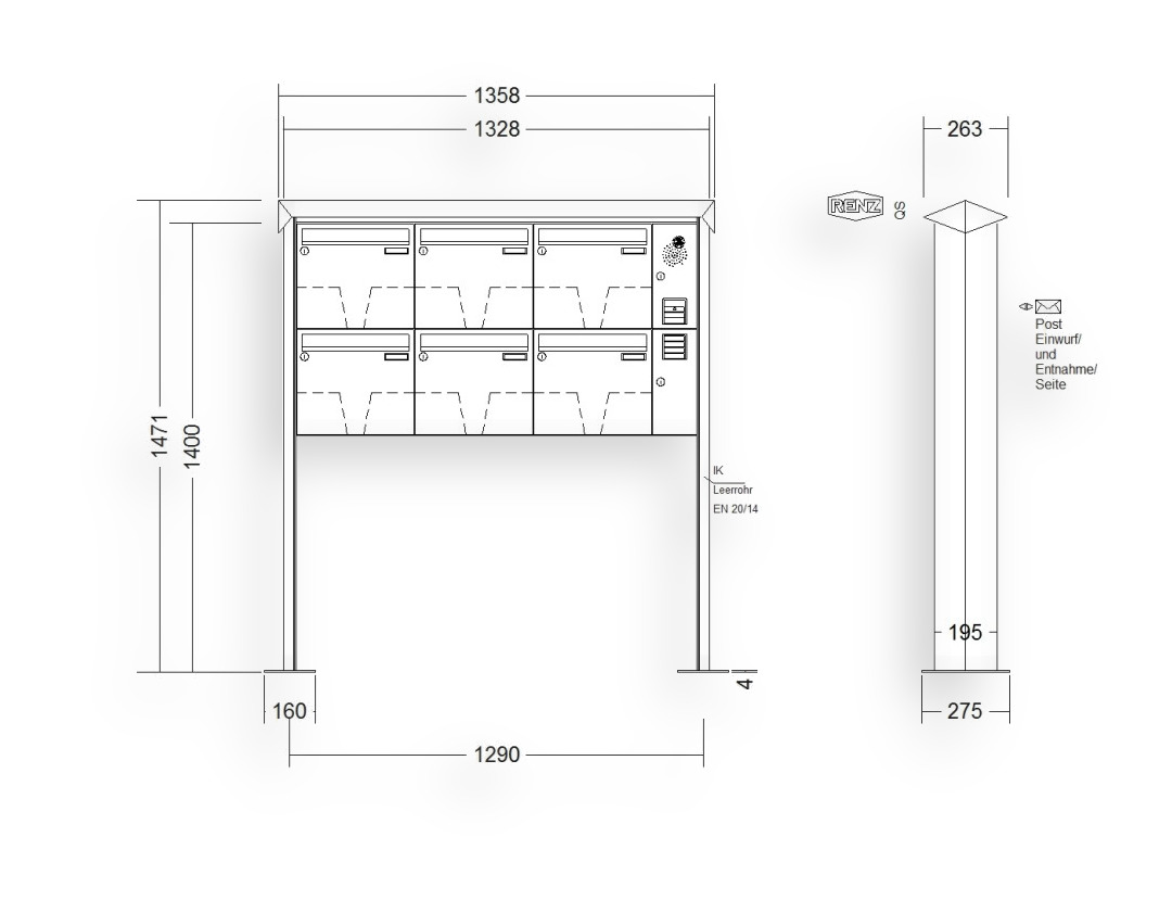 RENZ Briefkastenanlage freistehend · 6-teilig Installationskasten rechts 370 × 330 × 145 mm Prisma lackiert mit Fuß