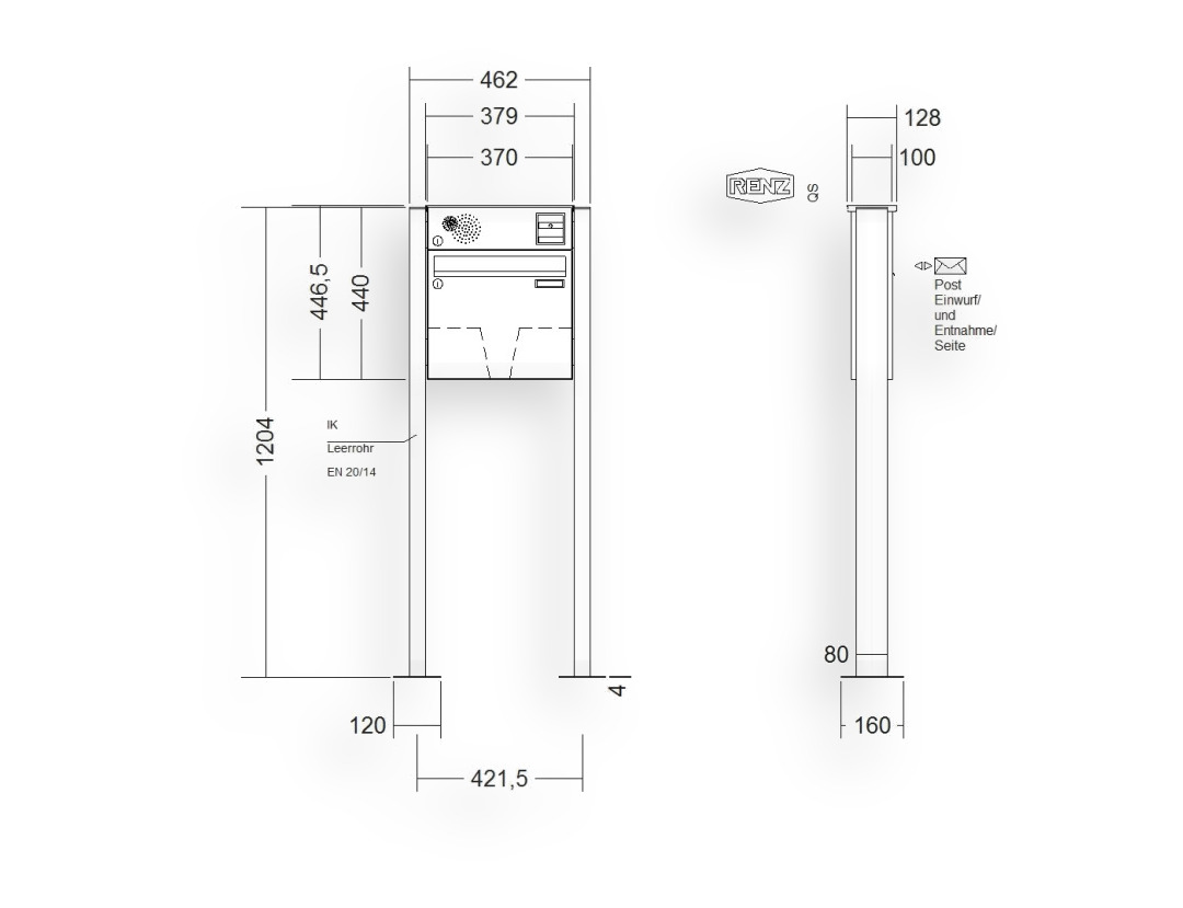RENZ Briefkastenanlage freistehend · BASIC (B) · 1-teilig 370 × 330 × 100 mm FS. Typ B Inst. lackiert mit Fußp RENZ Briefkastenanlage freistehend · BASIC (B) · 1-teilig 370 × 330 × 100 mm FS. Typ B Inst. lackiert mit Fußp