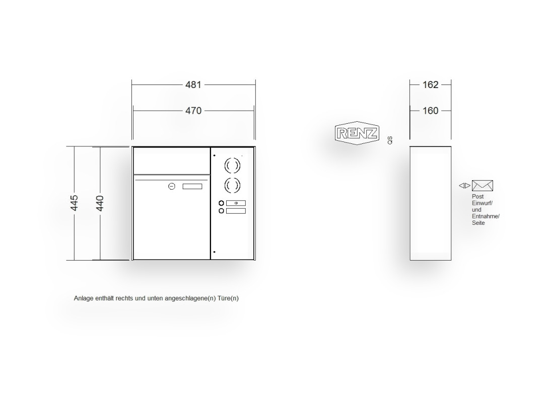 RENZ Briefkastenanlage Aufputz · 1-teilig RENZ PLAN 300 × 440 × 160 mm AP Installationskasten rechts Edel RENZ Briefkastenanlage Aufputz · 1-teilig RENZ PLAN 300 × 440 × 160 mm AP Installationskasten rechts Edel