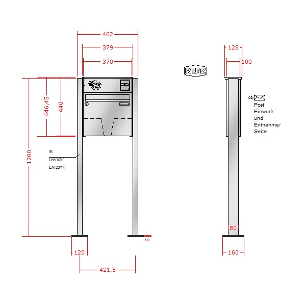 RENZ Briefkastenanlage freistehend · BASIC (B) · 1-teilig 370 × 330 × 100 mm FS. Typ B Inst. Edel. mit Fußp