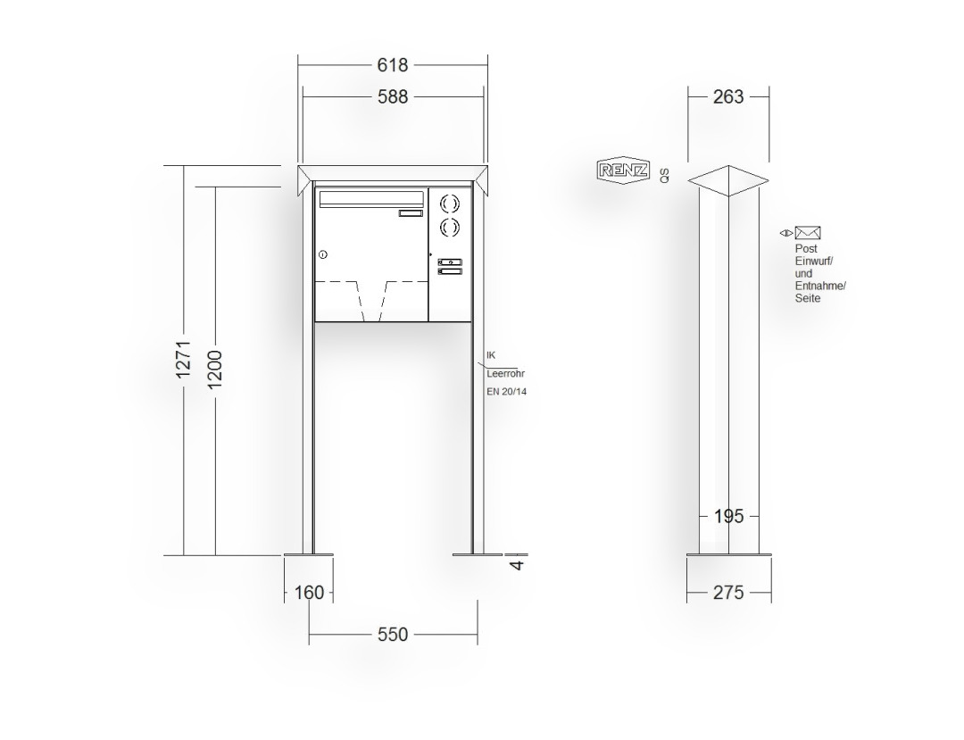 RENZ Briefkastenanlage freistehend · 1-teilig Installationskasten rechts 370 × 440 × 145 mm Edelstahl Prisma mit Fuß RENZ Briefkastenanlage freistehend · 1-teilig Installationskasten rechts 370 × 440 × 145 mm Edelstahl Prisma mit F