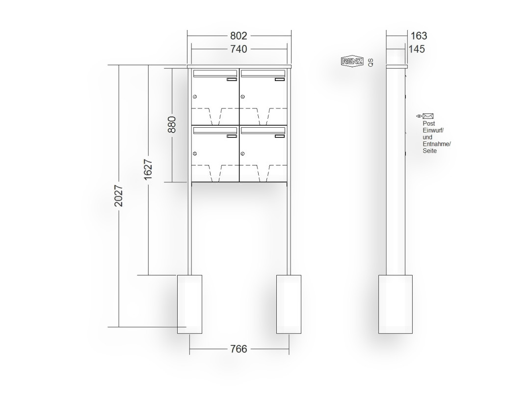 RENZ Briefkastenanlage freistehend · 4-teilig 370 × 440 × 145 mm Tetro lackiert RENZ Briefkastenanlage freistehend · 4-teilig 370 × 440 × 145 mm Tetro lackiert