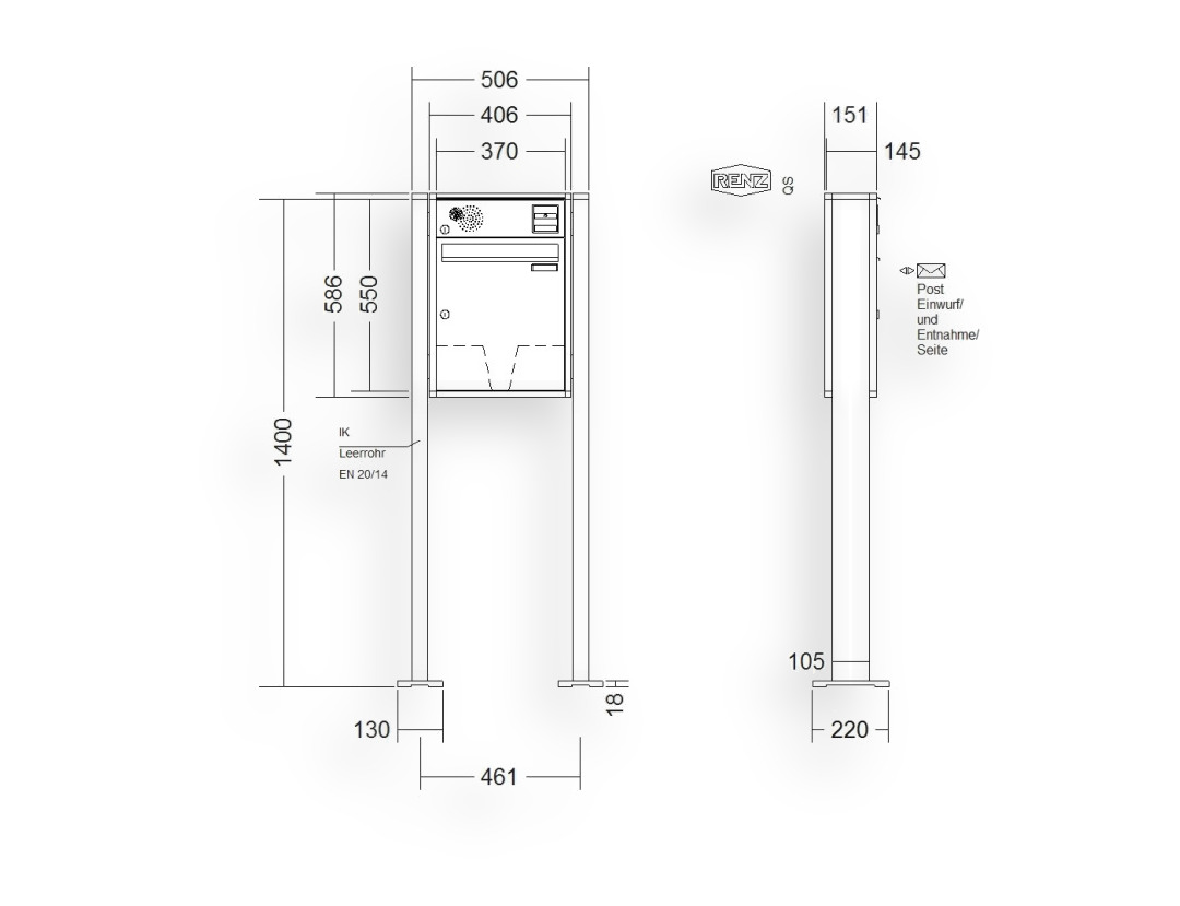 RENZ Briefkastenanlage freistehend · 1-teilig Installationskasten oben 370 × 440 × 145 mm QUADRA lackiert mit Fuß