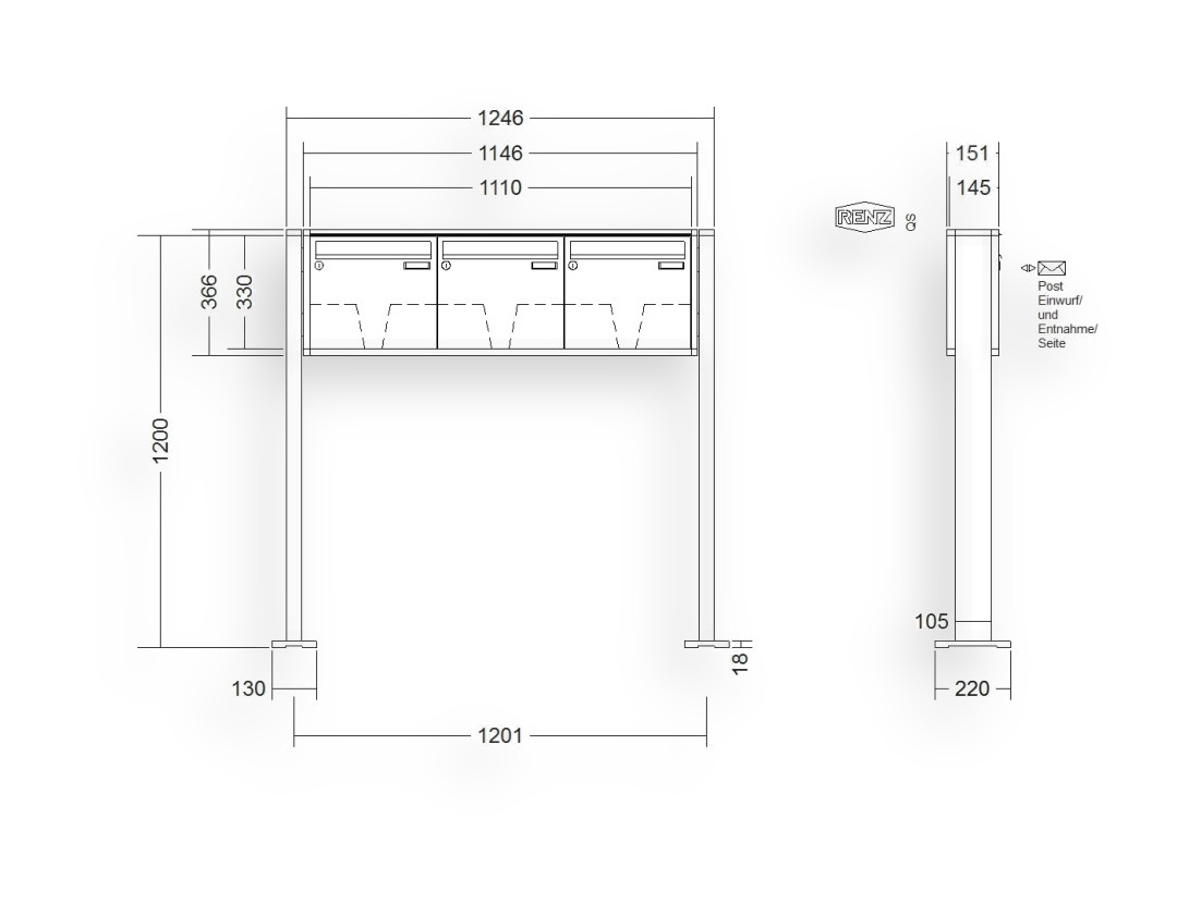 RENZ Briefkastenanlage freistehend · 3-teilig 370 × 330 × 145 mm QUADRA lackiert mit Fußplatten
