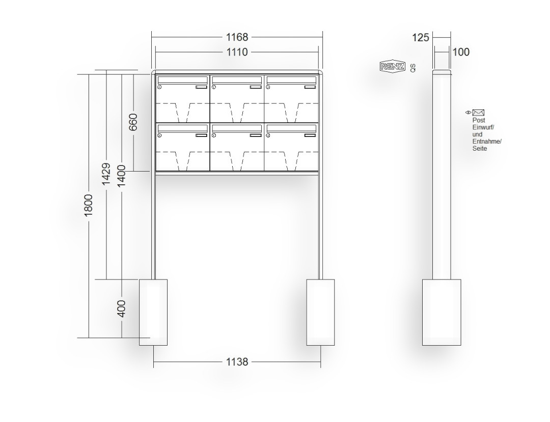 RENZ Briefkastenanlage freistehend · 6-teilig 370 × 330 × 100 mm RS 2000 lackiert RENZ Briefkastenanlage freistehend · 6-teilig 370 × 330 × 100 mm RS 2000 lackiert