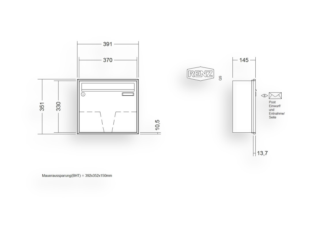 RENZ Briefkastenanlage Unterputz · 1-teilig 370 × 330 × 145 mm Anp. Schattenfugenrahmen la RENZ Briefkastenanlage Unterputz · 1-teilig 370 × 330 × 145 mm Anp. Schattenfugenrahmen la