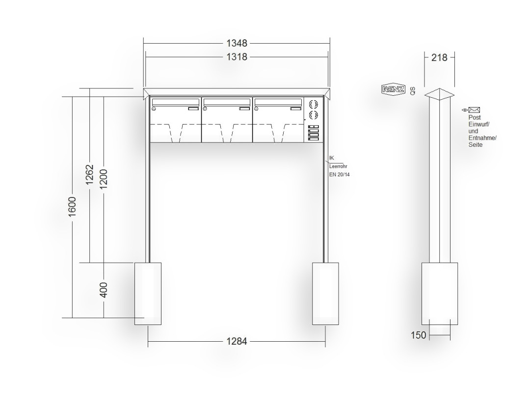 RENZ Briefkastenanlage freistehend · 3-teilig Installationskasten rechts 370 × 330 × 100 mm Edelstahl Prisma RENZ Briefkastenanlage freistehend · 3-teilig Installationskasten rechts 370 × 330 × 100 mm Edelstahl Prisma