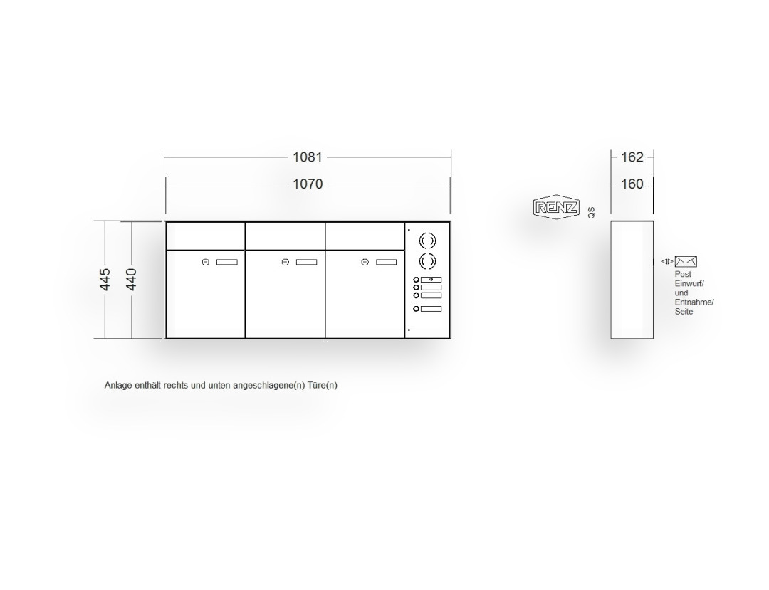 RENZ Briefkastenanlage Aufputz · 3-teilig RENZ PLAN 300 × 440 × 160 mm AP Installationskasten rechts Edel RENZ Briefkastenanlage Aufputz · 3-teilig RENZ PLAN 300 × 440 × 160 mm AP Installationskasten rechts Edel