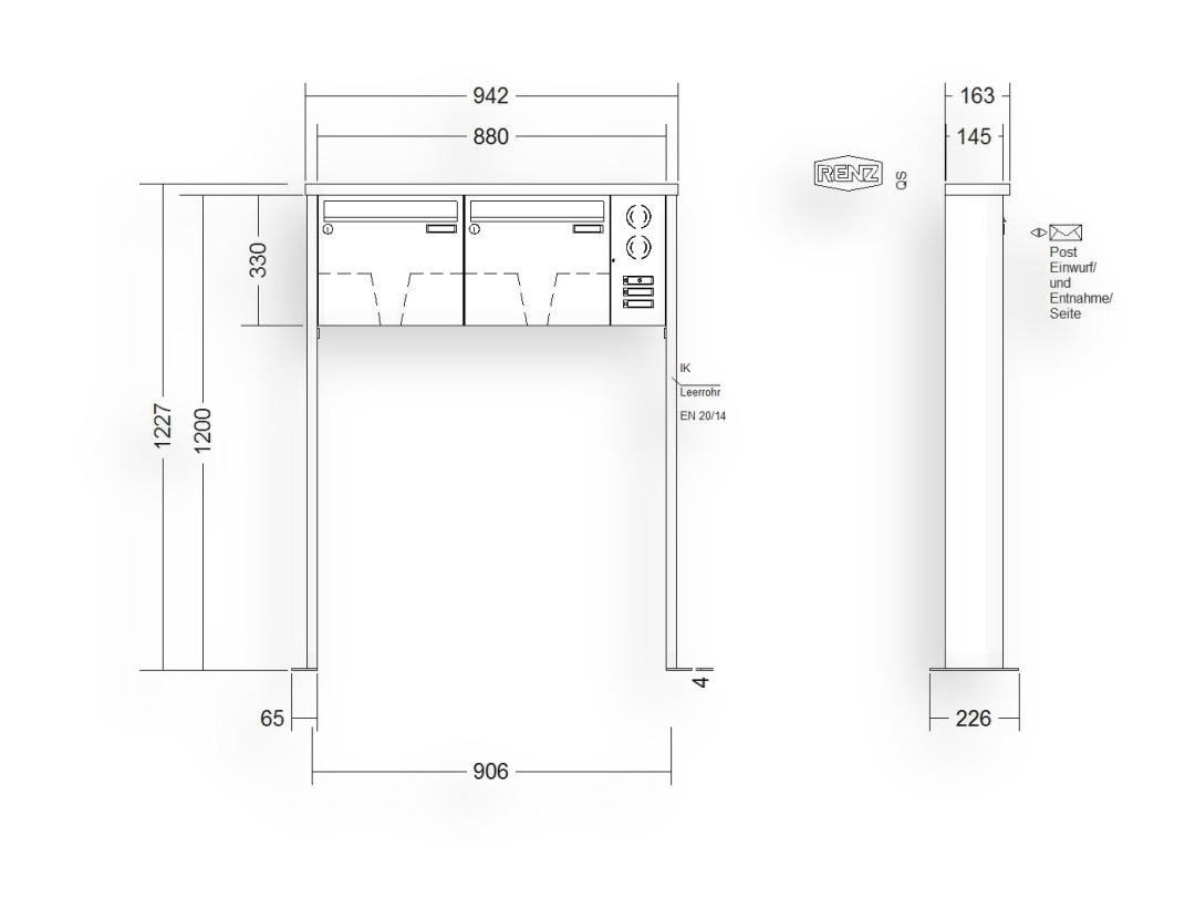RENZ Briefkastenanlage freistehend · 2-teilig Installationskasten rechts 370 × 330 × 145 mm Edelstahl Tetro mit Fußpla RENZ Briefkastenanlage freistehend · 2-teilig Installationskasten rechts 370 × 330 × 145 mm Edelstahl Tetro mit Fu