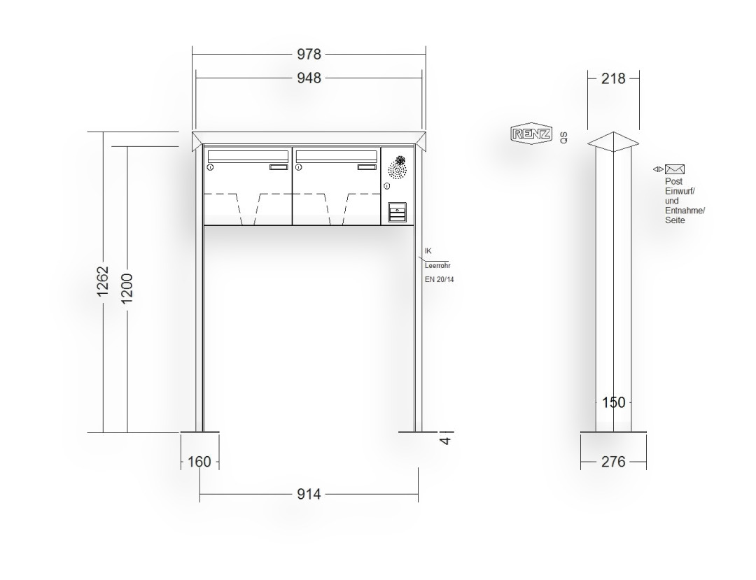 RENZ Briefkastenanlage freistehend · 2-teilig Installationskasten rechts 370 × 330 × 100 mm Prisma lackiert mit Fuß RENZ Briefkastenanlage freistehend · 2-teilig Installationskasten rechts 370 × 330 × 100 mm Prisma lackiert mit Fuß