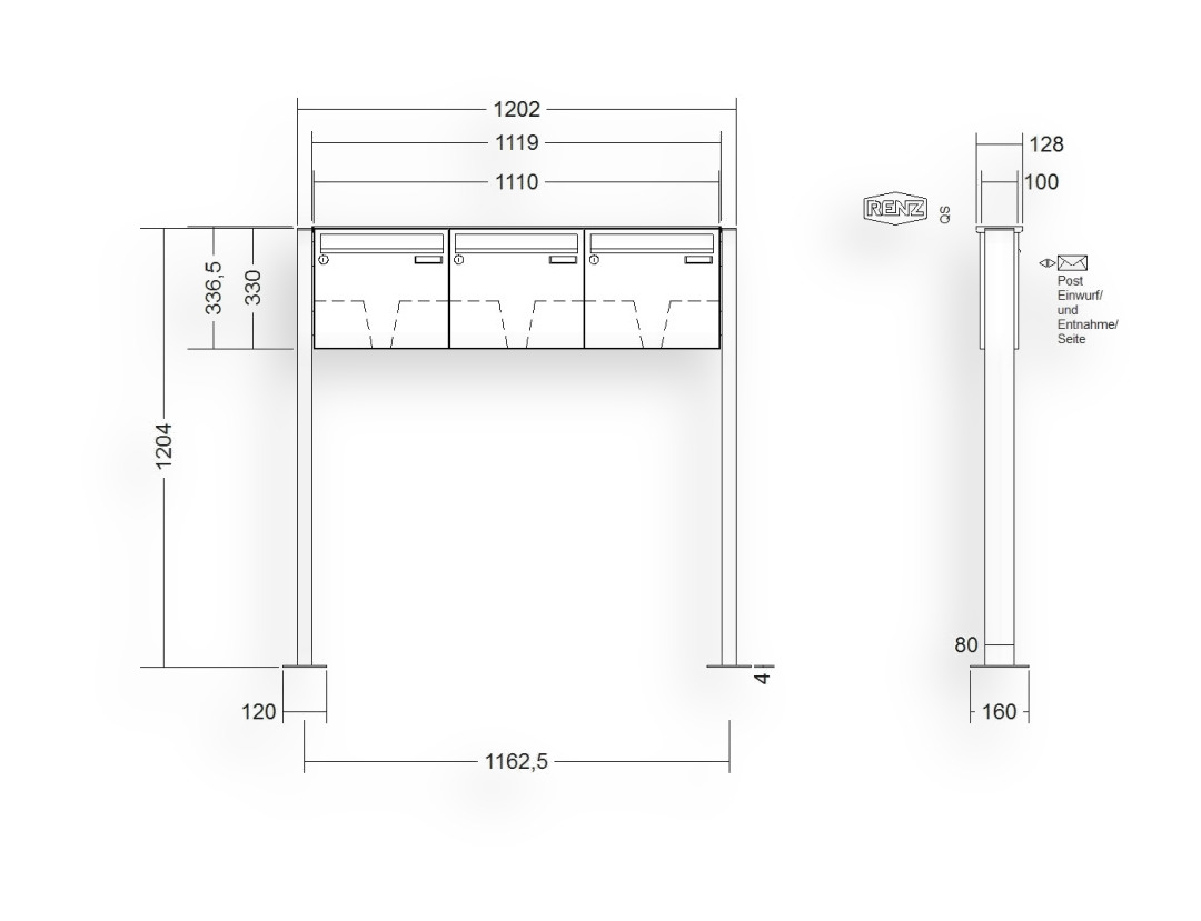 RENZ Briefkastenanlage freistehend · BASIC (B) · 3-teilig 370 × 330 × 100 mm FS. Typ B lackiert mit Fußplatte RENZ Briefkastenanlage freistehend · BASIC (B) · 3-teilig 370 × 330 × 100 mm FS. Typ B lackiert mit Fußplatte
