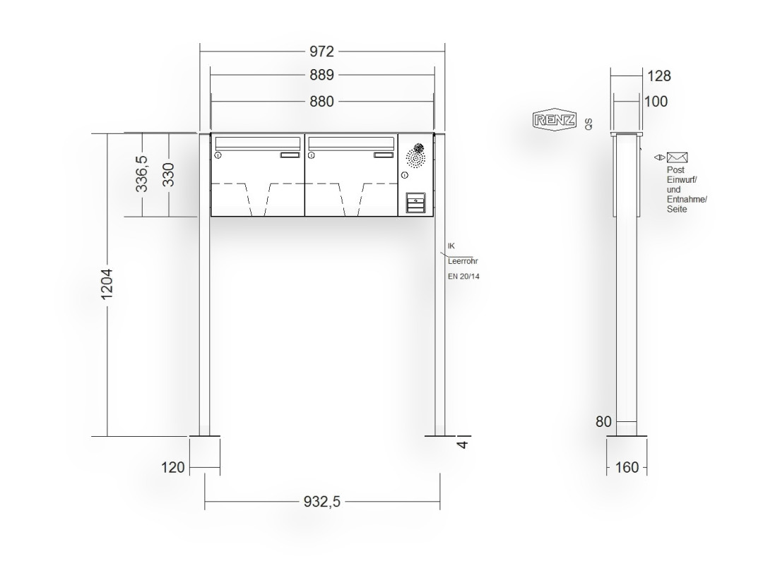 RENZ Briefkastenanlage freistehend · BASIC (B) · 2-teilig 370 × 330 × 100 mm FS. Typ B Installationskasten rechts lackiert mit Fu RENZ Briefkastenanlage freistehend · BASIC (B) · 2-teilig 370 × 330 × 100 mm FS. Typ B Installationskasten rechts