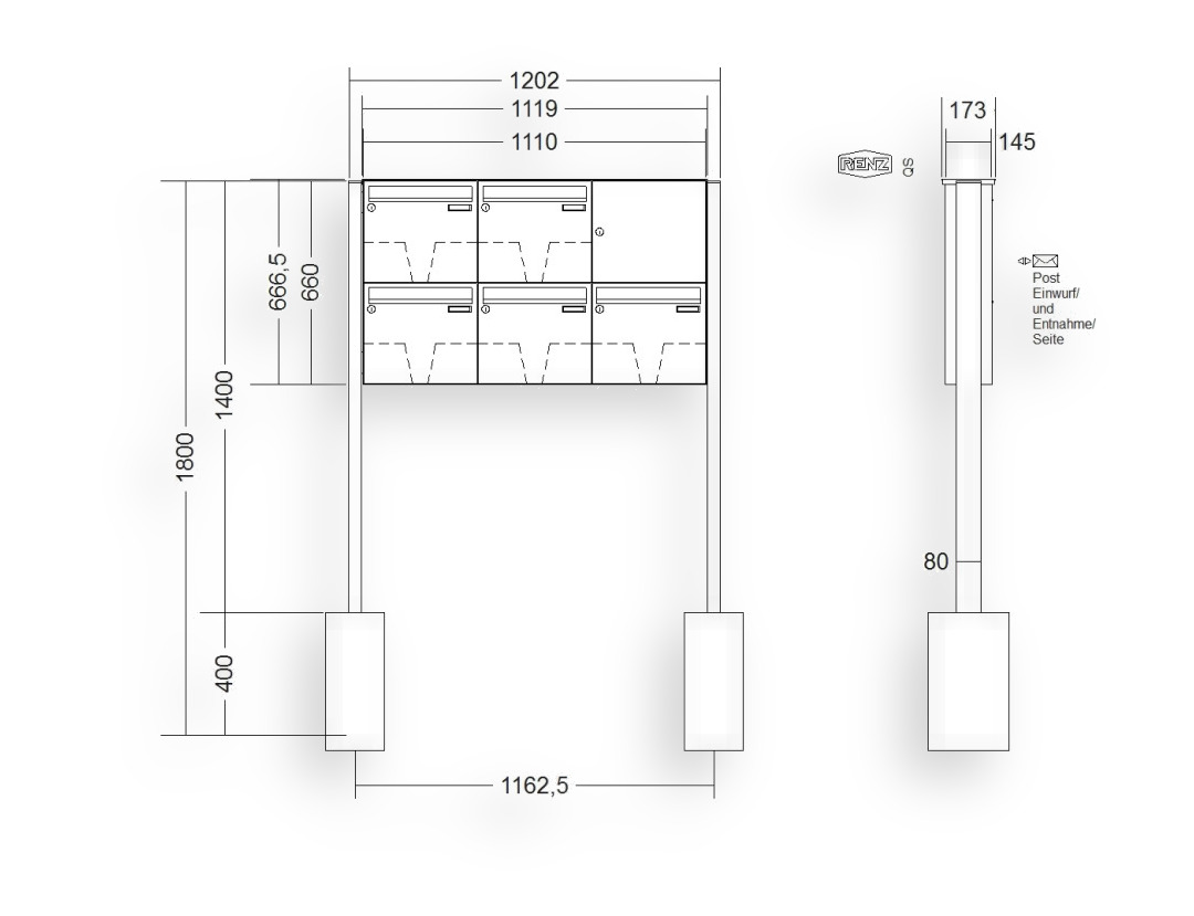 RENZ Briefkastenanlage freistehend · BASIC (B) · 5-teilig 370 × 330 × 145 mm FS. Typ B lackiert RENZ Briefkastenanlage freistehend · BASIC (B) · 5-teilig 370 × 330 × 145 mm FS. Typ B lackiert