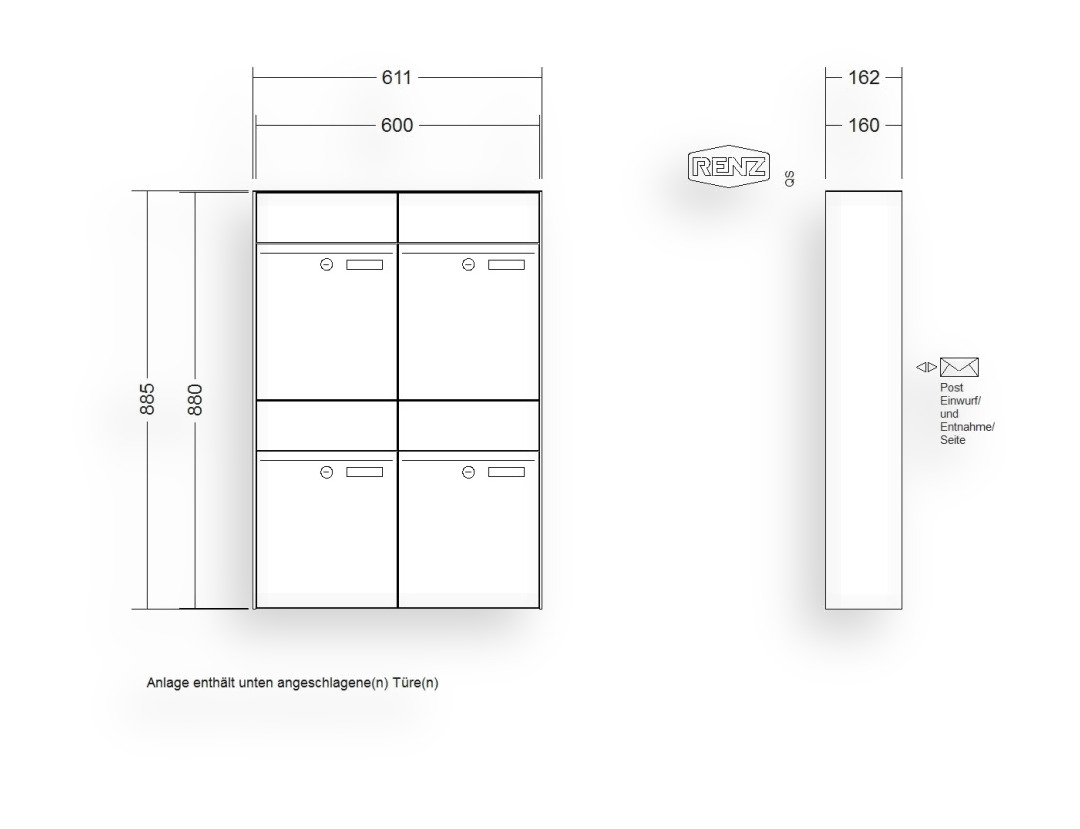 RENZ Briefkastenanlage Aufputz · 4-teilig RENZ PLAN 300 × 440 × 160 mm AP lackiert RENZ Briefkastenanlage Aufputz · 4-teilig RENZ PLAN 300 × 440 × 160 mm AP lackiert