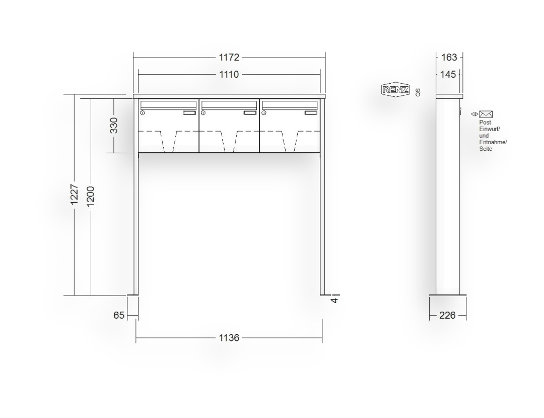 RENZ Briefkastenanlage freistehend · 3-teilig 370 × 330 × 145 mm Tetro lackiert mit Fußplatten RENZ Briefkastenanlage freistehend · 3-teilig 370 × 330 × 145 mm Tetro lackiert mit Fußplatten