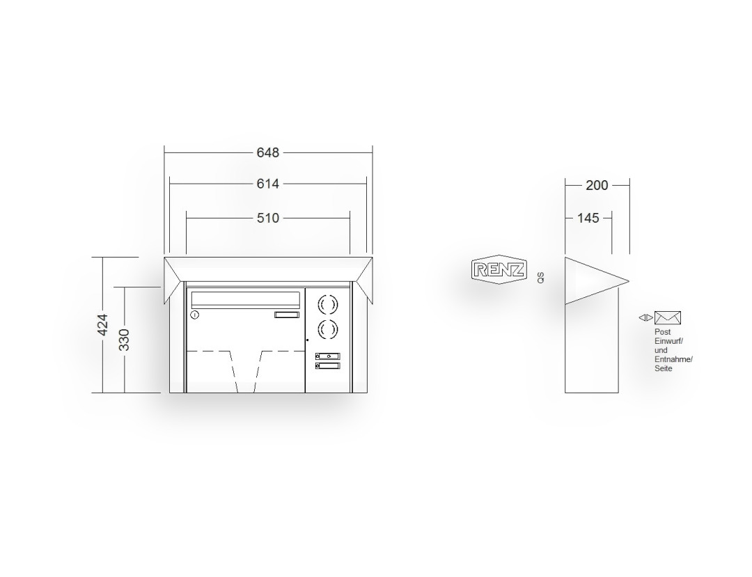 RENZ Briefkastenanlage Aufputz · 1-teilig Installationskasten rechts 370 × 330 × 145 mm Edelstahl Prisma RENZ Briefkastenanlage Aufputz · 1-teilig Installationskasten rechts 370 × 330 × 145 mm Edelstahl Prisma