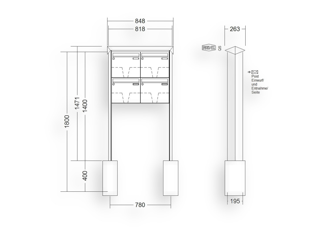 RENZ Briefkastenanlage freistehend · 4-teilig 370 × 330 × 145 mm Edelstahl Prisma RENZ Briefkastenanlage freistehend · 4-teilig 370 × 330 × 145 mm Edelstahl Prisma