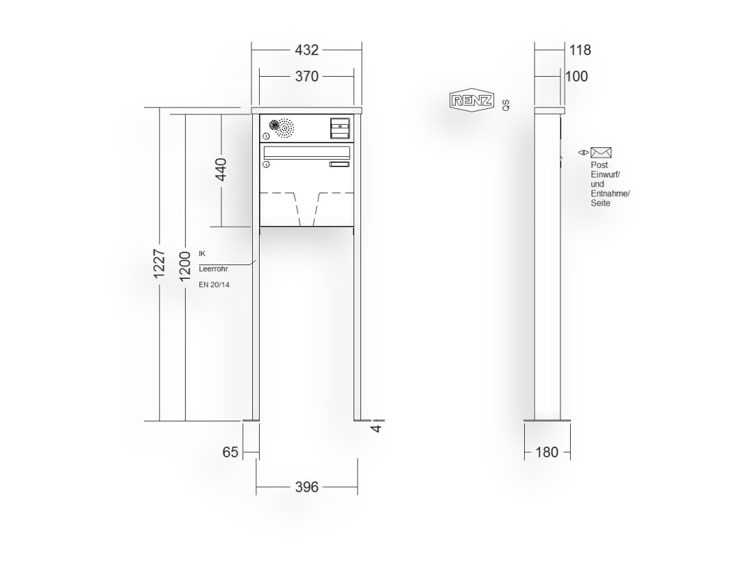 RENZ Briefkastenanlage freistehend · 1-teilig Installationskasten oben 370 × 330 × 100 mm Tetro lackiert mit Fuß RENZ Briefkastenanlage freistehend · 1-teilig Installationskasten oben 370 × 330 × 100 mm Tetro lackiert mit Fuß