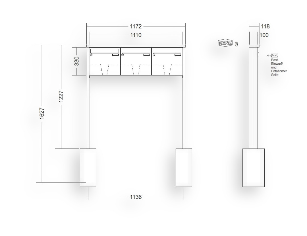 RENZ Briefkastenanlage freistehend · 3-teilig 370 × 330 × 100 mm Tetro lackiert RENZ Briefkastenanlage freistehend · 3-teilig 370 × 330 × 100 mm Tetro lackiert