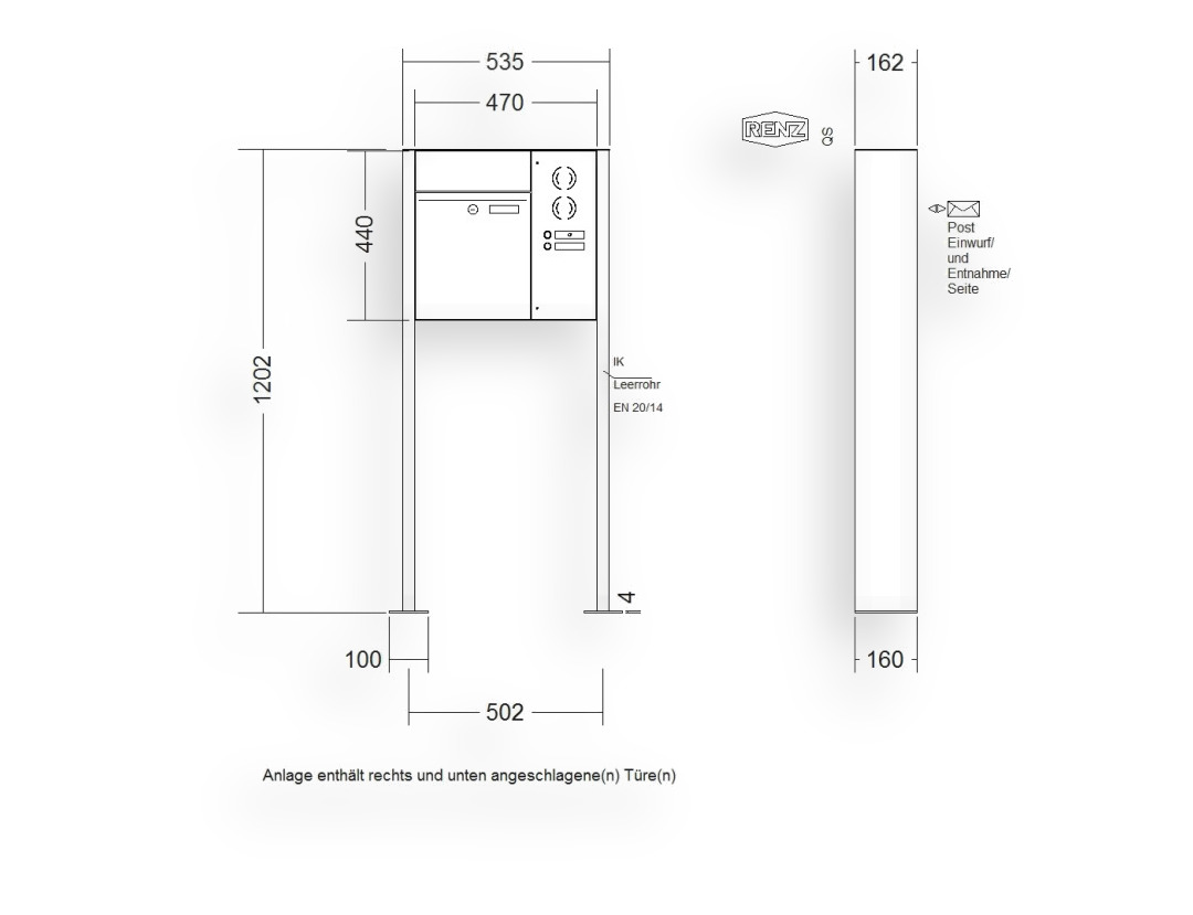 RENZ Briefkastenanlage freistehend · 1-teilig RENZ PLAN 300 × 440 × 160 mm FS Installationskasten rechts Edel. mit RENZ Briefkastenanlage freistehend · 1-teilig RENZ PLAN 300 × 440 × 160 mm FS Installationskasten rechts Edel. mit