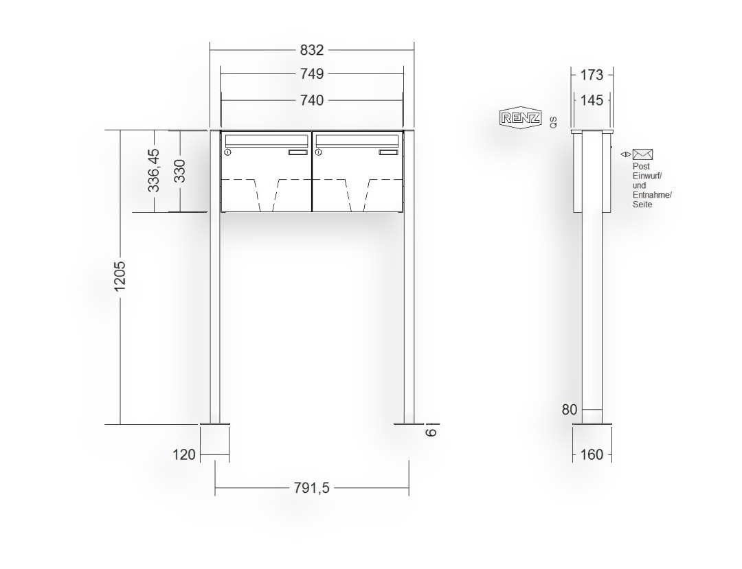 RENZ Briefkastenanlage freistehend · BASIC (B) · 2-teilig 370 × 330 × 145 mm FS. Typ B Edel. mit Fußplatte RENZ Briefkastenanlage freistehend · BASIC (B) · 2-teilig 370 × 330 × 145 mm FS. Typ B Edel. mit Fußplatte
