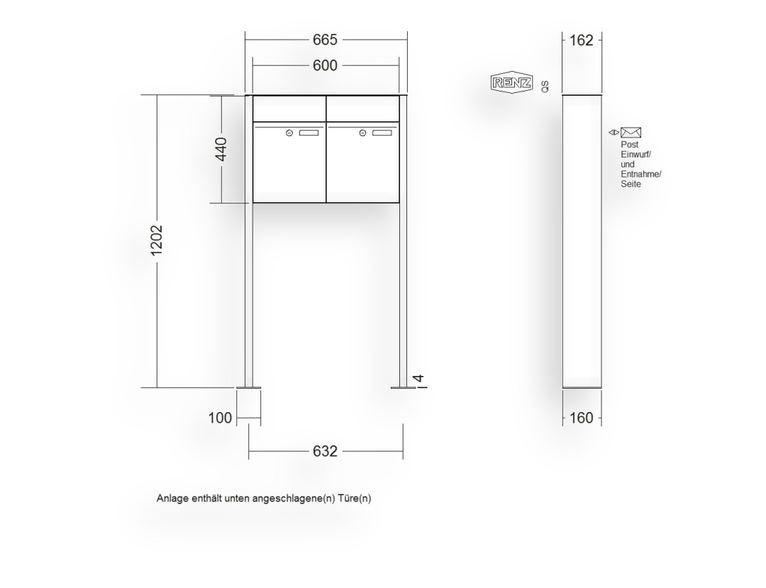 RENZ Briefkastenanlage freistehend · 2-teilig RENZ PLAN 300 × 440 × 160 mm FS Edel. mit Fußplatt RENZ Briefkastenanlage freistehend · 2-teilig RENZ PLAN 300 × 440 × 160 mm FS Edel. mit Fußplatt