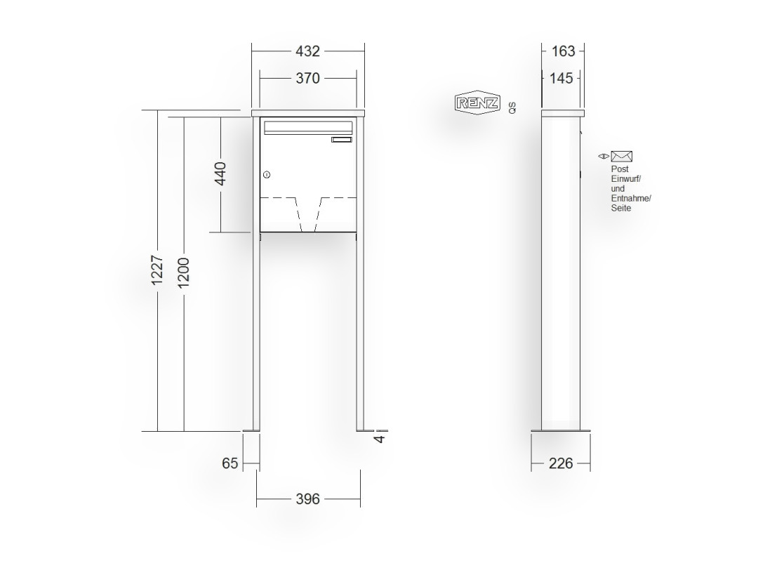 RENZ Briefkastenanlage freistehend · 1-teilig 370 × 440 × 145 mm Tetro lackiert mit Fuß RENZ Briefkastenanlage freistehend · 1-teilig 370 × 440 × 145 mm Tetro lackiert mit Fuß