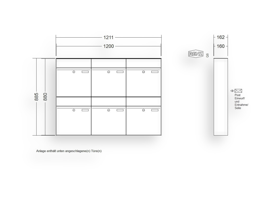 RENZ Briefkastenanlage Aufputz · 6-teilig RENZ PLAN 400 × 440 × 160 mm AP lackiert RENZ Briefkastenanlage Aufputz · 6-teilig RENZ PLAN 400 × 440 × 160 mm AP lackiert