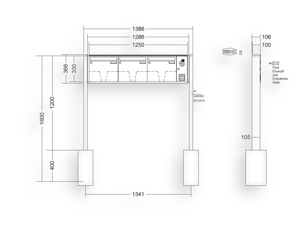 RENZ Briefkastenanlage freistehend · 3-teilig Installationskasten rechts 370 × 330 × 100 mm QUADRA lackiert
