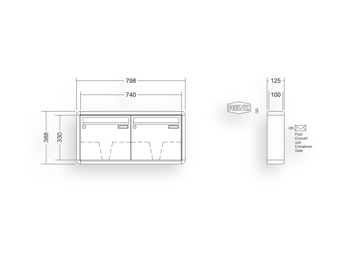RENZ Briefkastenanlage Aufputz · 2-teilig 370 × 330 × 100 mm RS 2000 lackiert RENZ Briefkastenanlage Aufputz · 2-teilig 370 × 330 × 100 mm RS 2000 lackiert