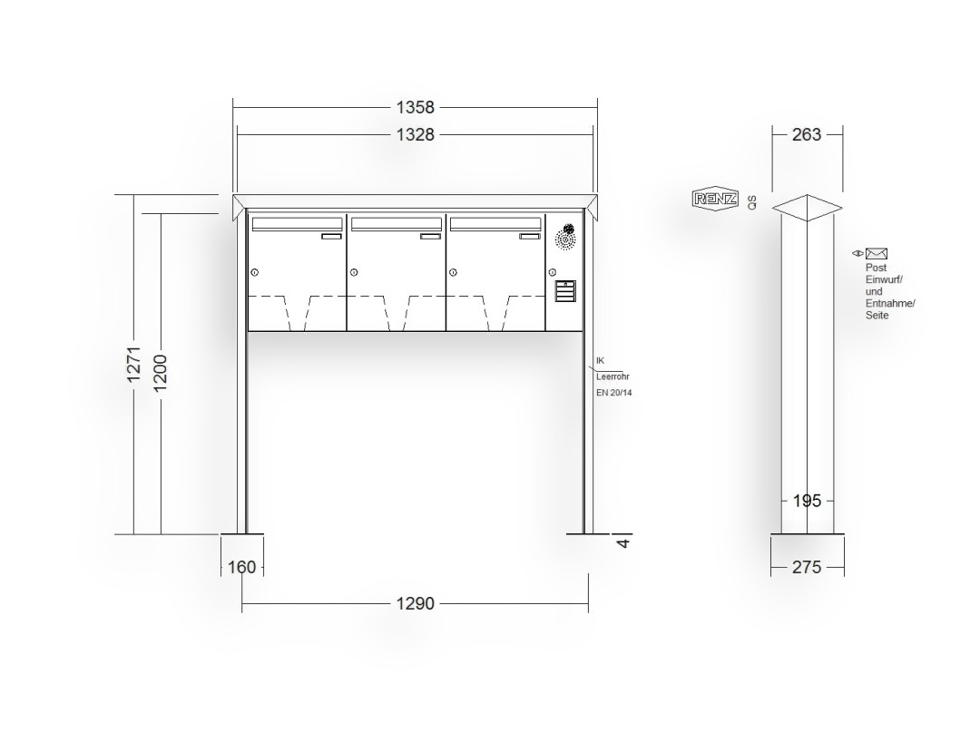 RENZ Briefkastenanlage freistehend · 3-teilig Installationskasten rechts 370 × 440 × 145 mm Prisma lackiert mit Fuß RENZ Briefkastenanlage freistehend · 3-teilig Installationskasten rechts 370 × 440 × 145 mm Prisma lackiert mit Fuß