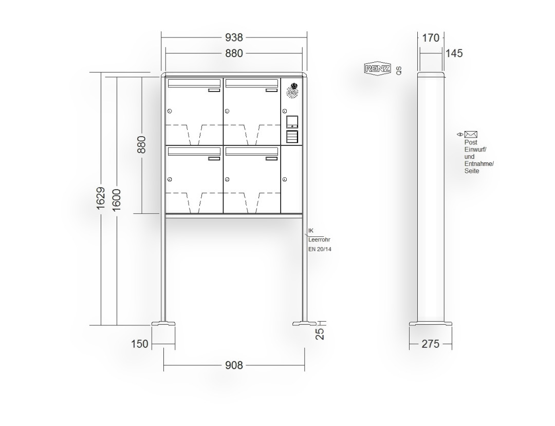 RENZ Briefkastenanlage freistehend · 4-teilig Installationskasten rechts 370 × 440 × 145 mm RS 2000 lackiert mit Fuß RENZ Briefkastenanlage freistehend · 4-teilig Installationskasten rechts 370 × 440 × 145 mm RS 2000 lackiert mit F